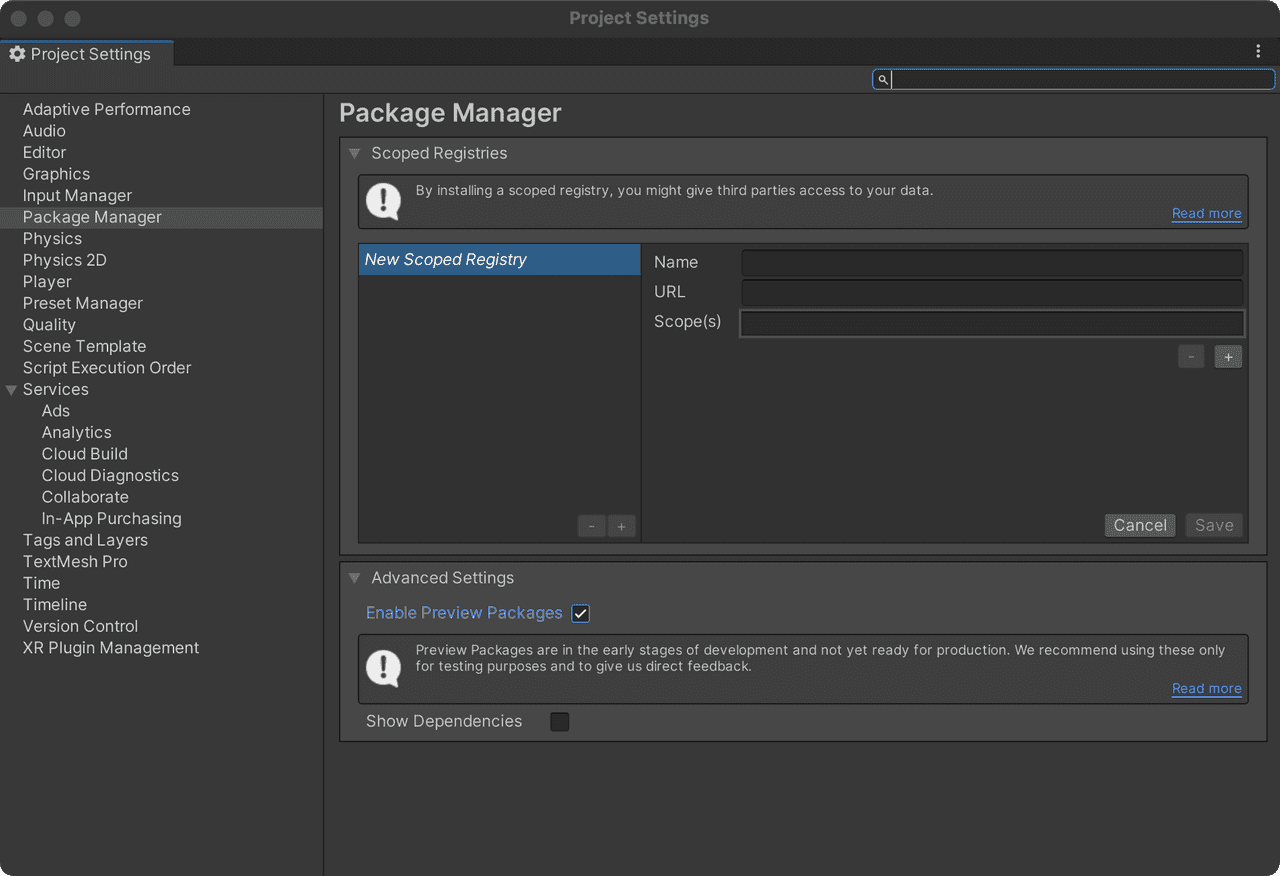 Unity package manager project settings